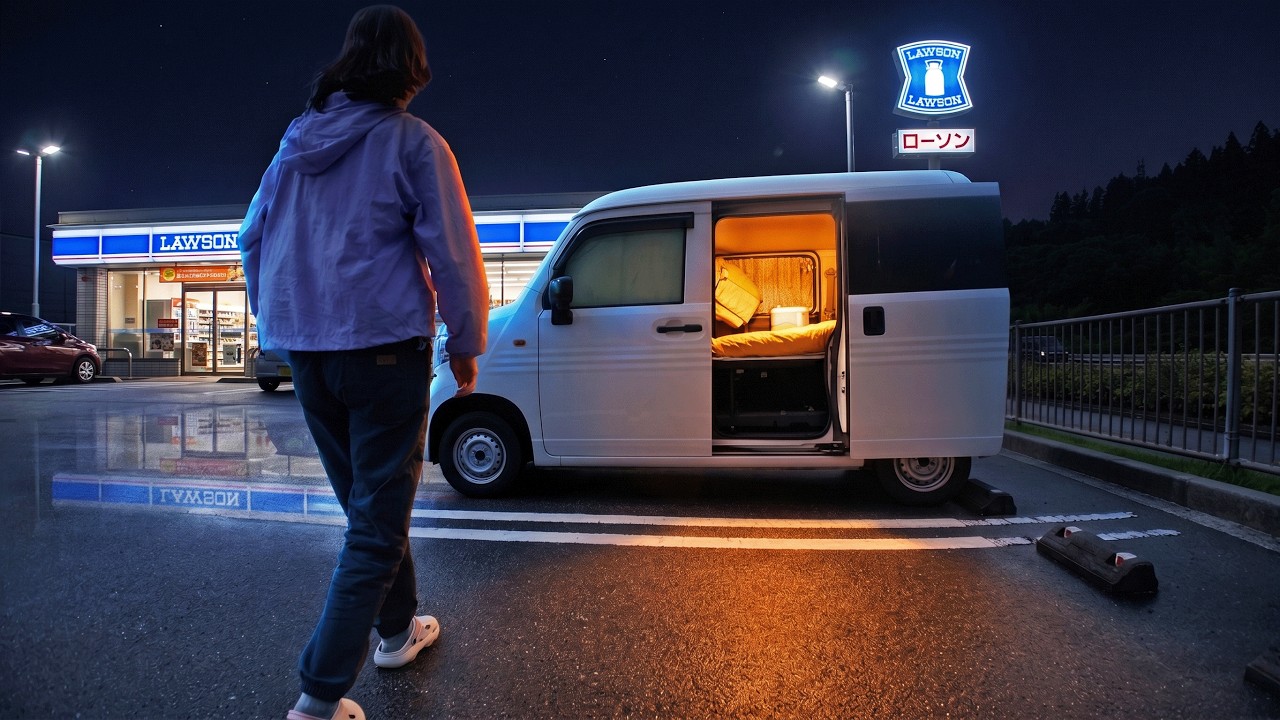 女ひとり、コンビニ前で楽しむ車中泊【N-VAN】 — Transcript