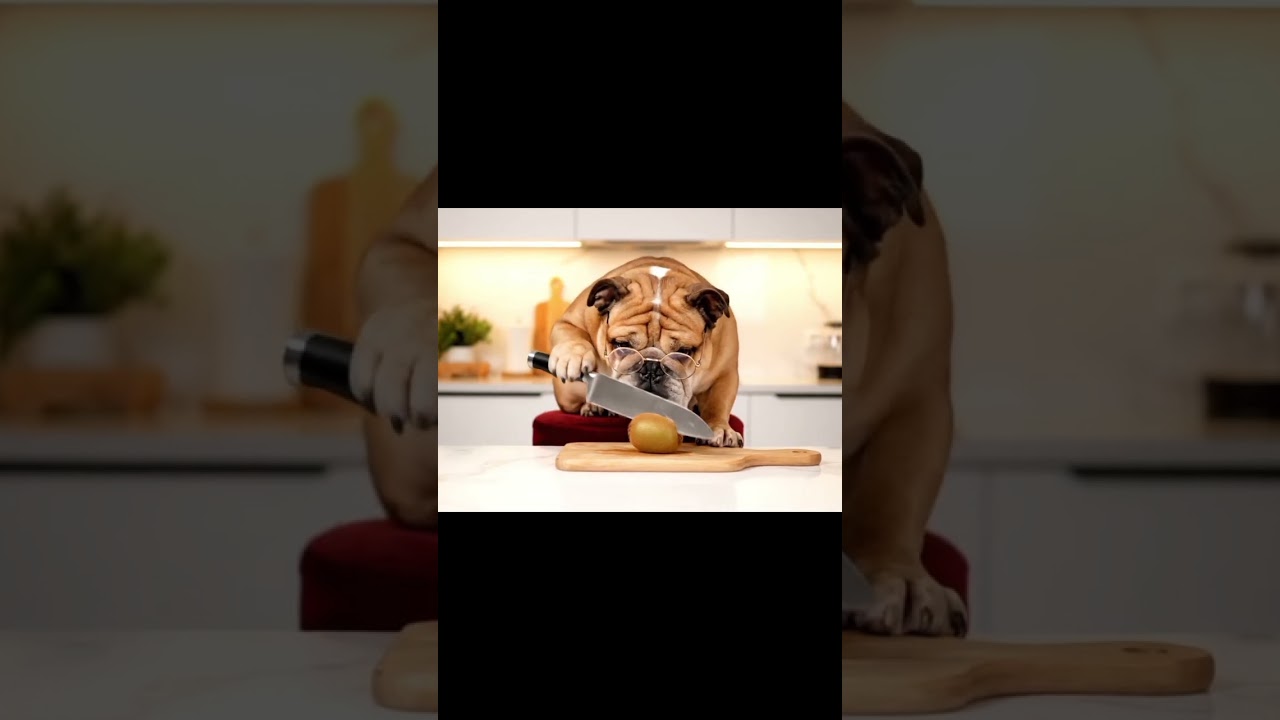 Bulldog slices kiwi fruit. 