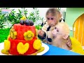 BiBi harvests fruits to make watermelon cake for baby monkey Obi