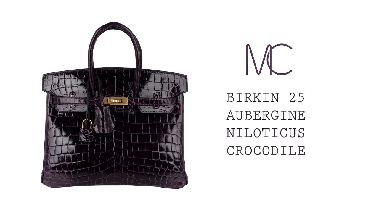 Hermes Birkin 25 Aubergine Niloticus Crocodile Bag Gold Hardware