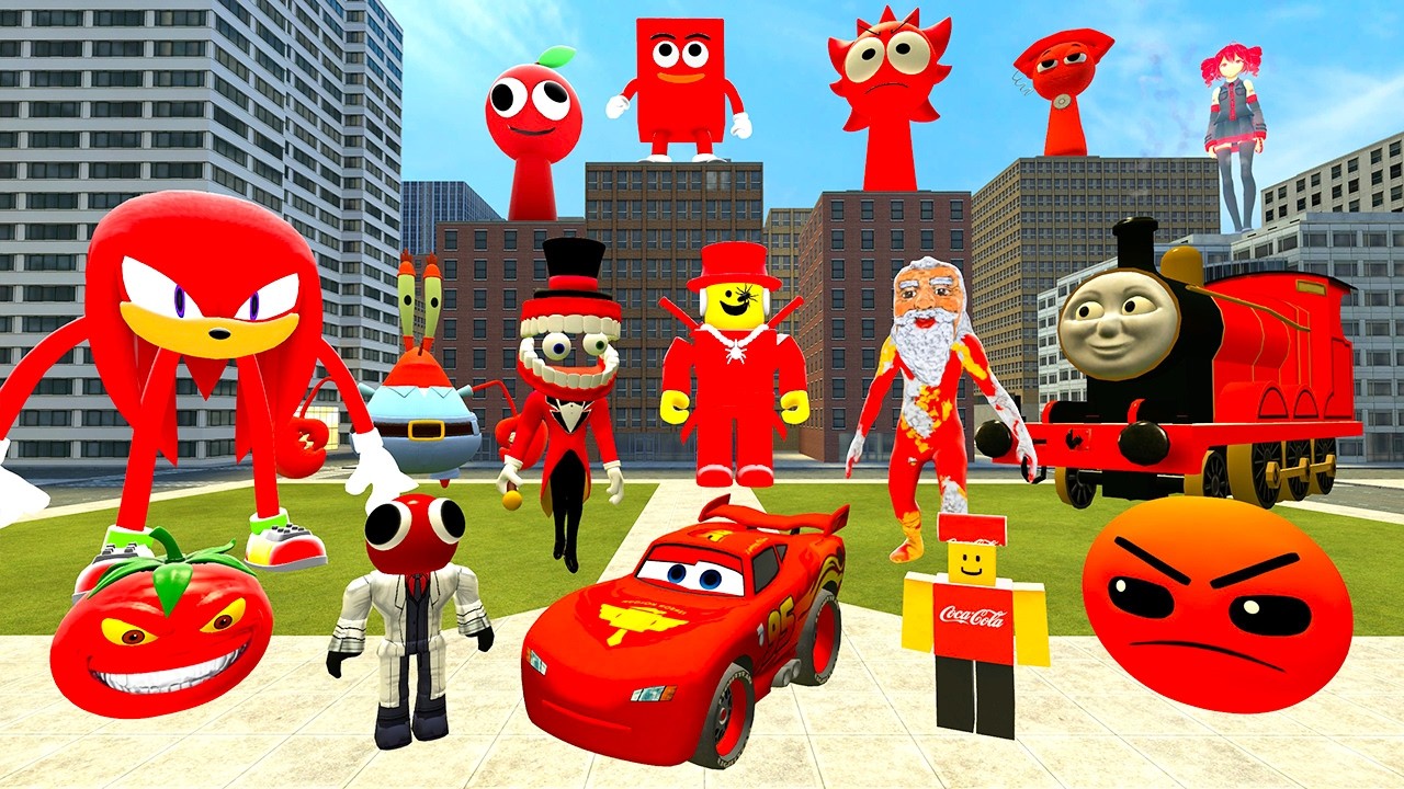 ВСЕ КРАСНЫЕ ПЕРСОНАЖИ МОЛНИЯ МАКВИН ГУГУ ГАГА ПАРОВОЗИК СПРУНКИ НАКЛЗ В БОЛЬШОМ ГОРОДЕ Garry's Mod