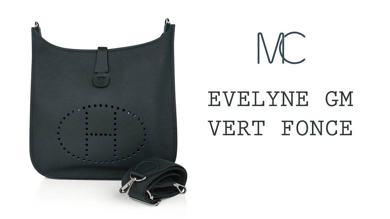 Hermes Bag Evelyne GM Vert Fonce Clemence Palladium Hardware New w