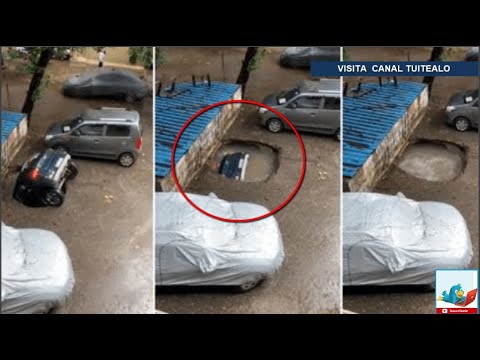 Socavón se traga auto por completo en Mumbai India tras fuerte lluvia