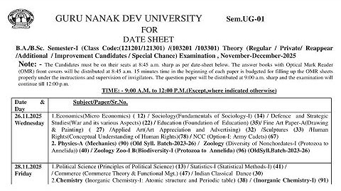 BA / BSc 1st Semester Datesheet 2025 GNDU | Ba 1st Semester Datesheet 2025 | Gndu Datesheet 2025