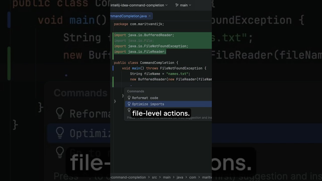 Use command completion for file level actions; reformat code, optimize imports and more...