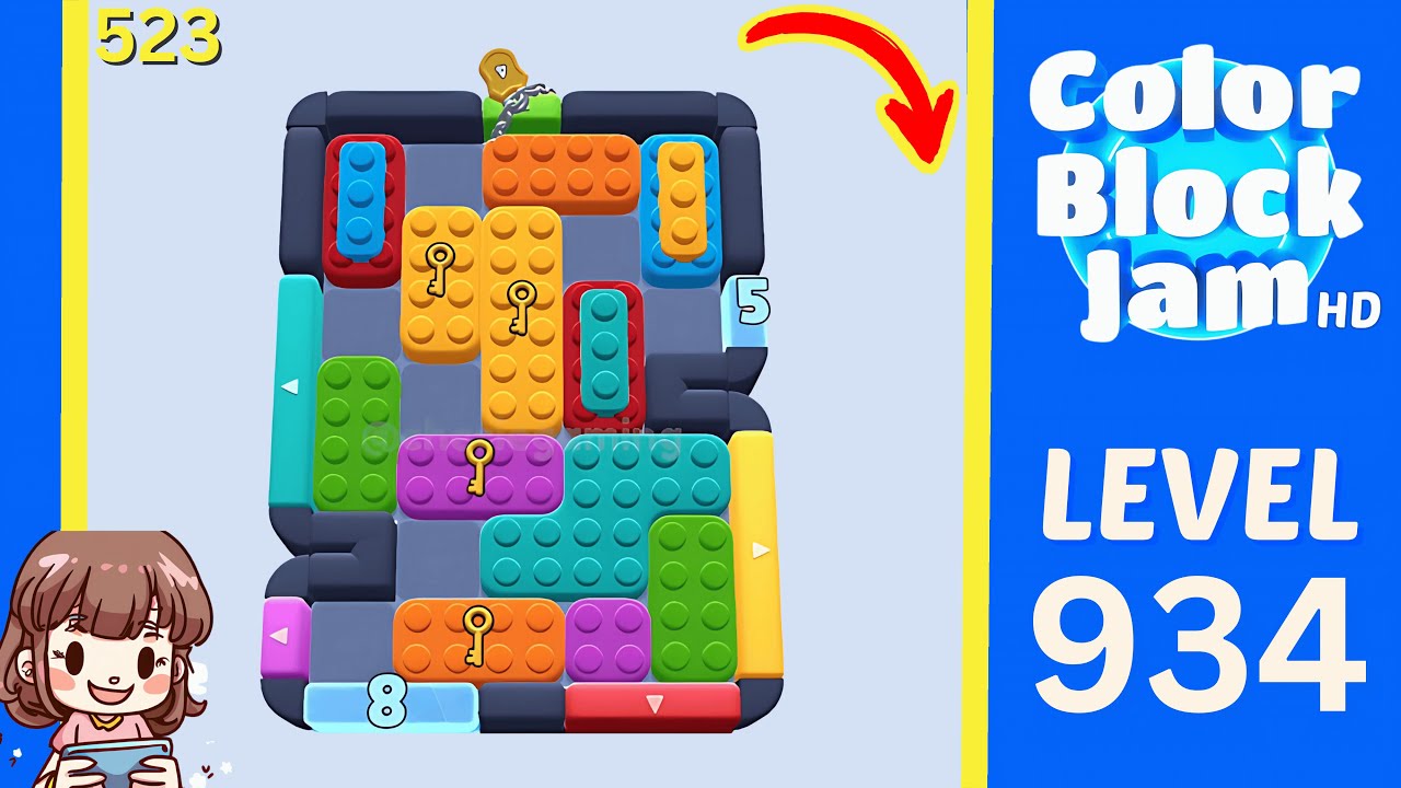 Color Block Jam Level 523 mapped Level 934 board with 1:32 timer and upper-center/right-side staging opening frame
