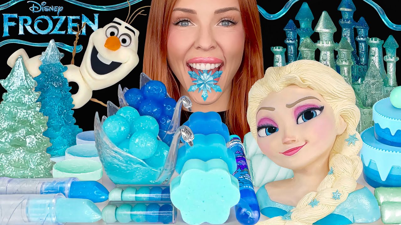 ASMR MUKBANG, Blue Teal Frozen Dessert, Elsa Candy Castle, Olaf Cake, Edible Snowflake, Jelly 먹방