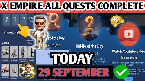 28-29 September All Quests Code X Empire | Riddle Of The Day | Rebus Of The Day | YouTube Video Code