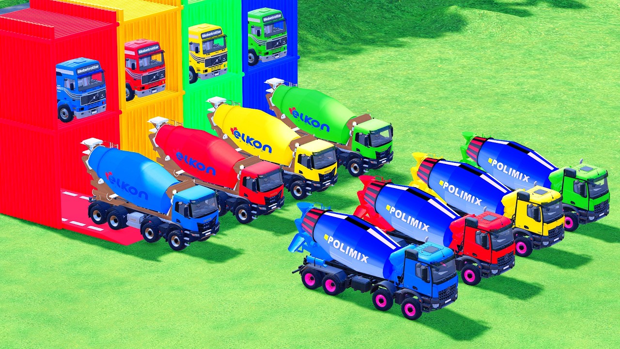 Garage with Colors - ALL MIXER TRUCK WITH DOUBLE FLATBED TRAILER TRUCK, SCANIA, MACK #78 - FS22