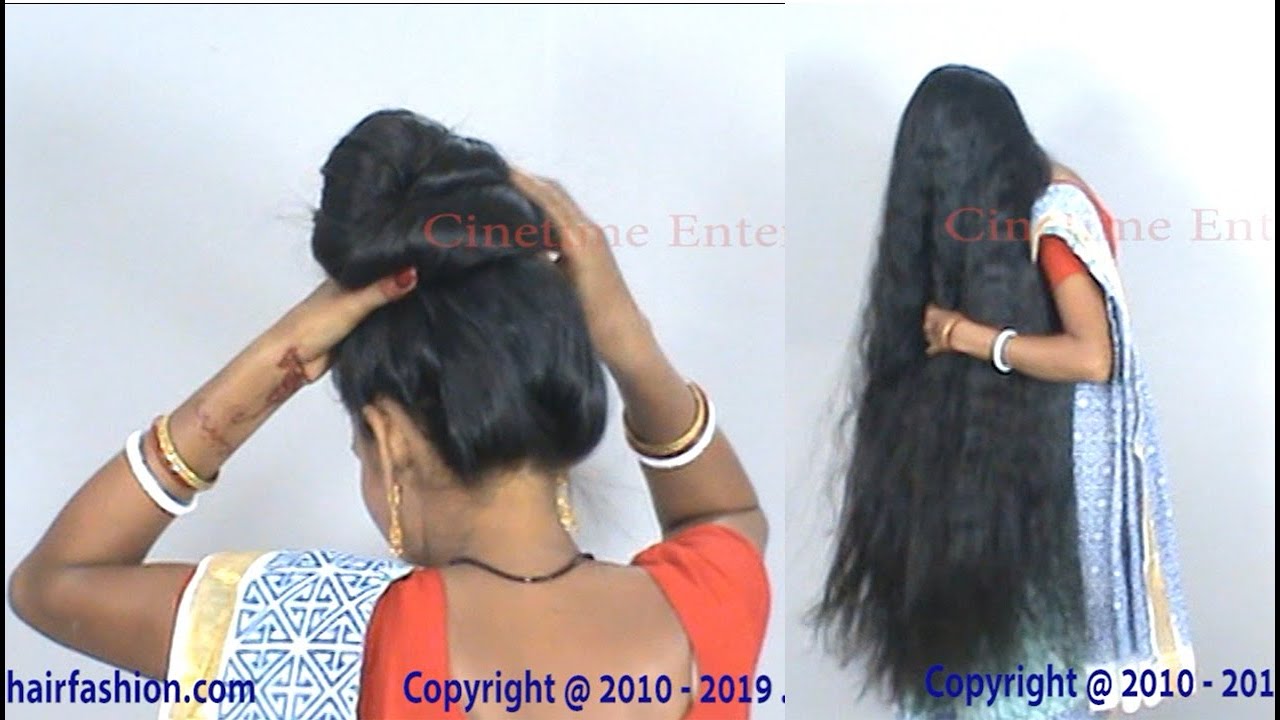 Easy Hair Updo | Top Head Big Bun Making | Rekha Massive Thick Long Hair Bun Style