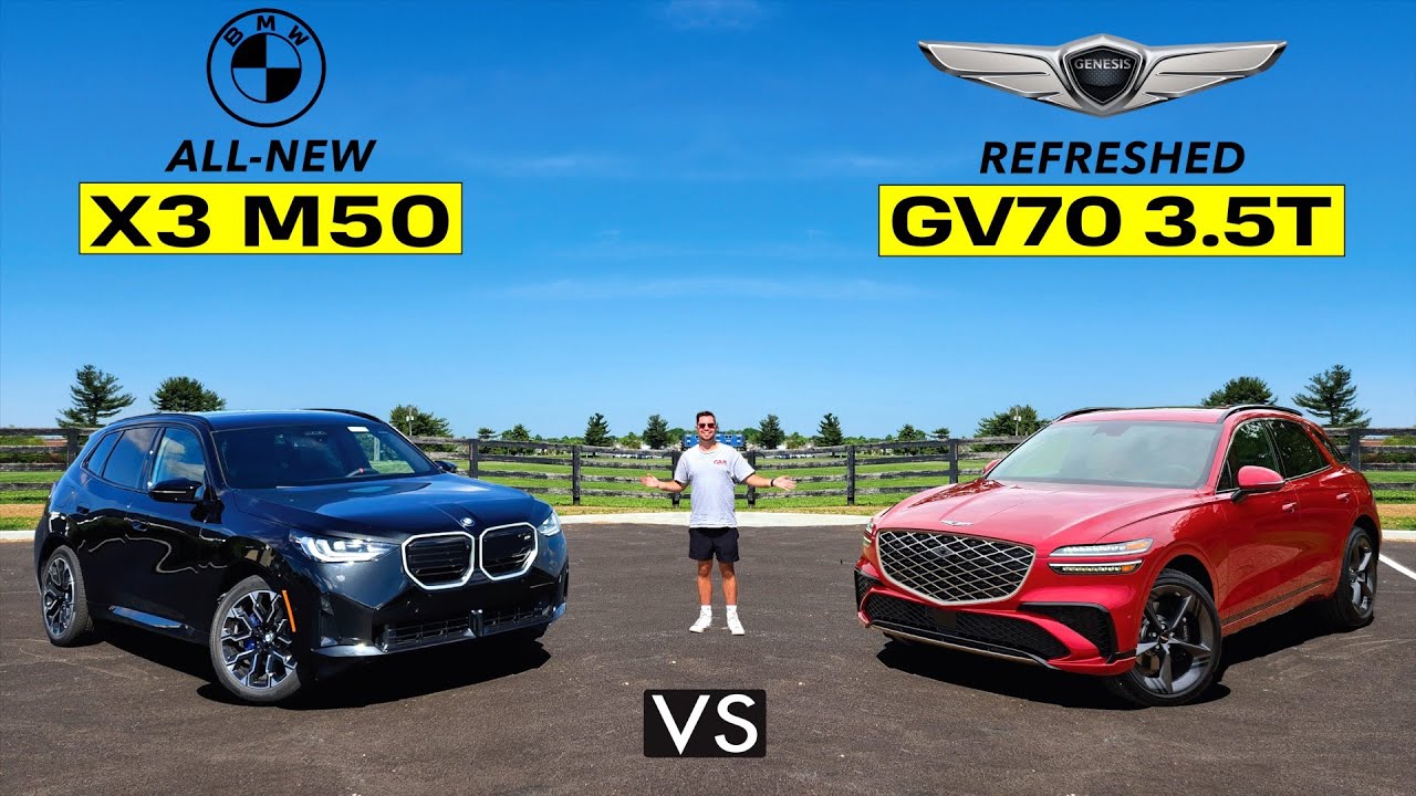 Side-by-side look at a 2026 BMW 3 Series versus Genesis G70 in a luxury comparison scene