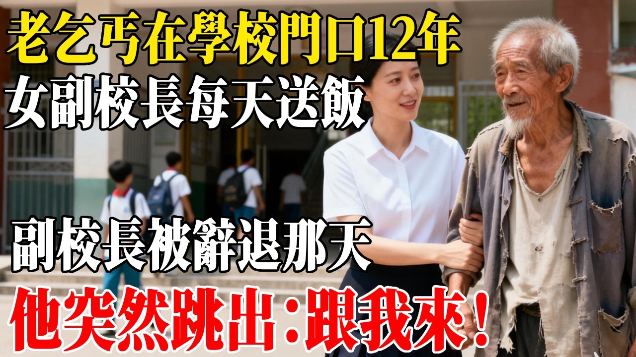 老乞丐在學校門口12年，女副校長每天給他送飯，副校長被辭退那天，他突然跳出：跟我來！