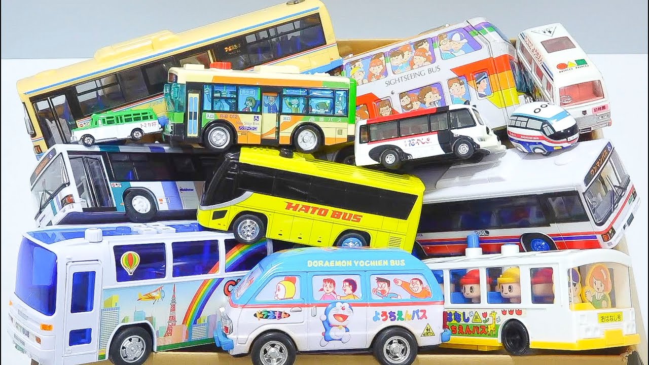 バス＆ゴミ収集車＆救急車ミニカーが大集合☆坂道はしって走行確認♪A huge collection of miniature buses, garbage trucks and ambulances!