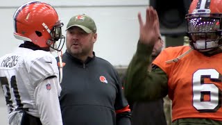 Rashard Higgins talks it out with Freddie Kitchens at Browns practice