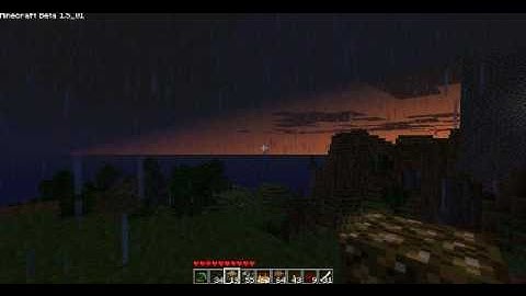 Minecraft beta 1.5_01 - rain, thunder, lightning and sunset.