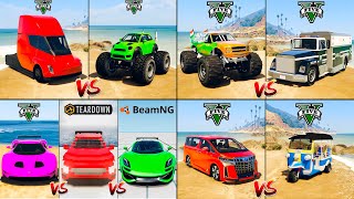 GTA 5 Tesla Semi vs Toyota Alphard vs Police Truck vs BeamNG Sport Car - Cars Compilation