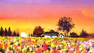 Watercolor Painting Beautiful Tulip Fields