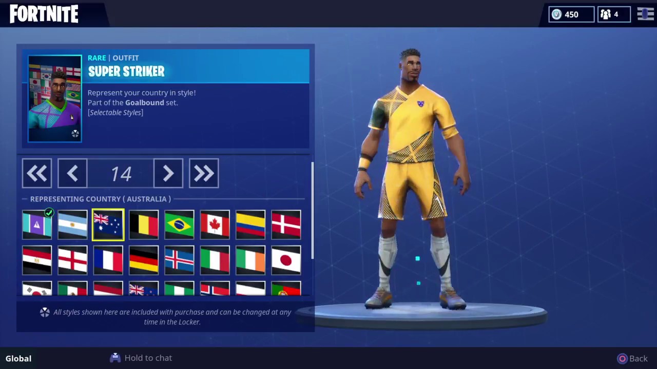 showcasing all the jerseys for super striker all countries - super striker fortnite gameplay