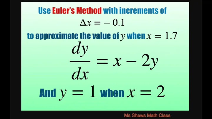 Use Euler’s method with increments of -0.1 to approximate y when x=1.7, dy/dx = x-2y, y=1 when x =2