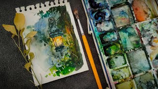 Enchanted Evenings: Painted the Serene Scenes lantern Surrounded by foliage Watercolors Masterpiece