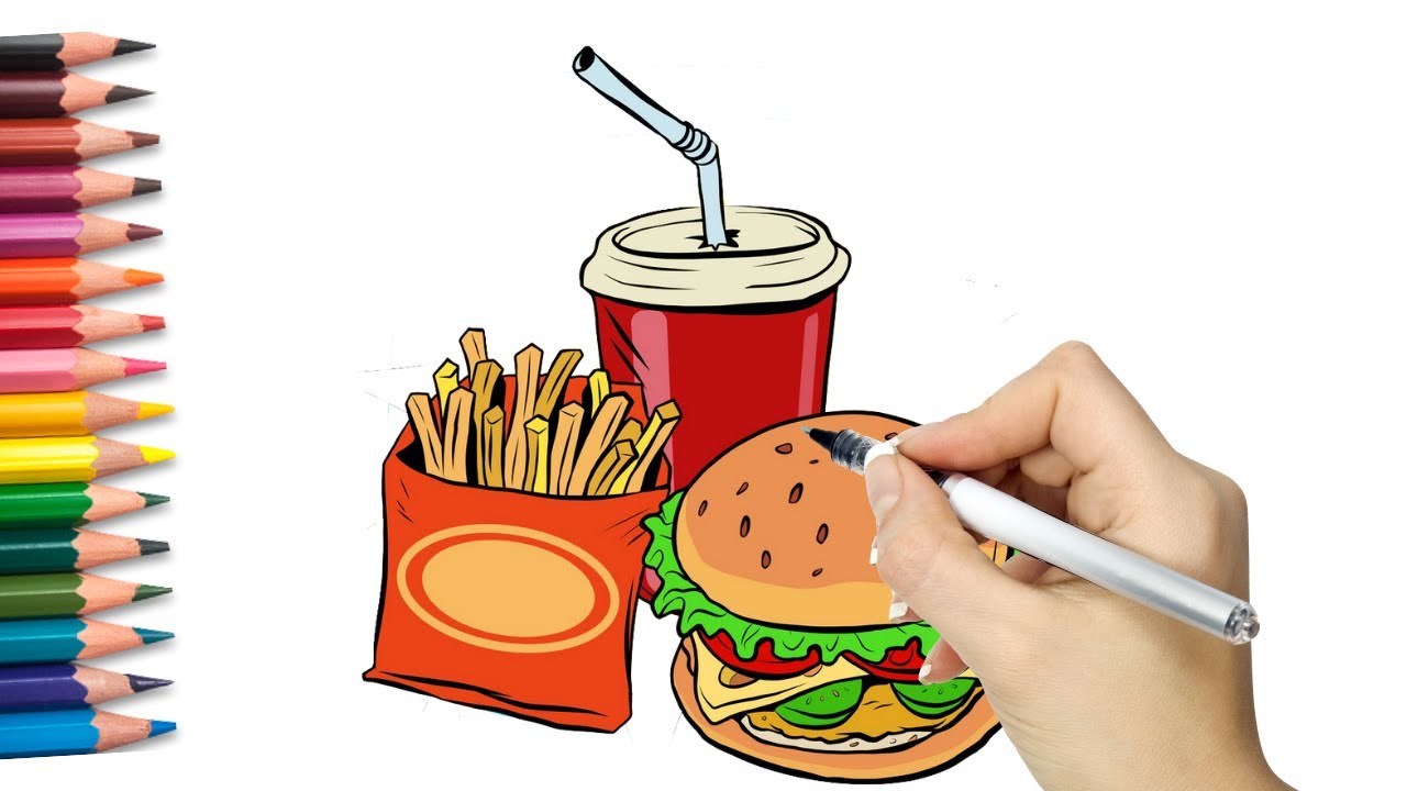 fast food drawing | How to color Fast food | french fries, Burger, cold ...