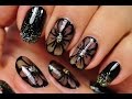 Nail Art. Black Nail Design. Black Flowers.