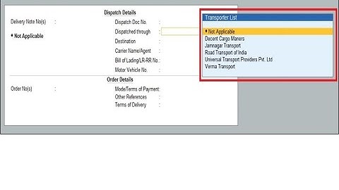 Tally Add On : Transport selection in Voucher Entry in Tally Prime Software.