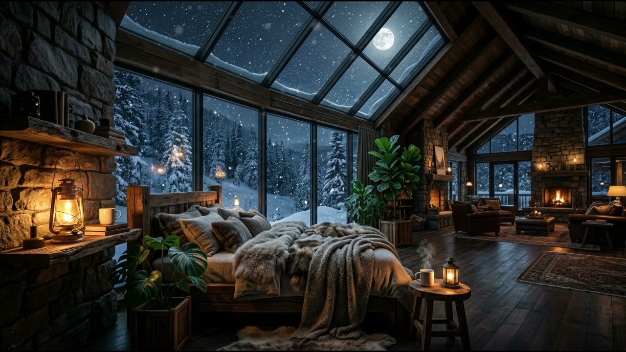 Quiet Moonlit Cabin for Sleep – Warm Lantern Glow, Soft Shadows & Falling Snow