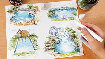 How to Draw Water Scene with Markers Tutorial | Lake & Pond