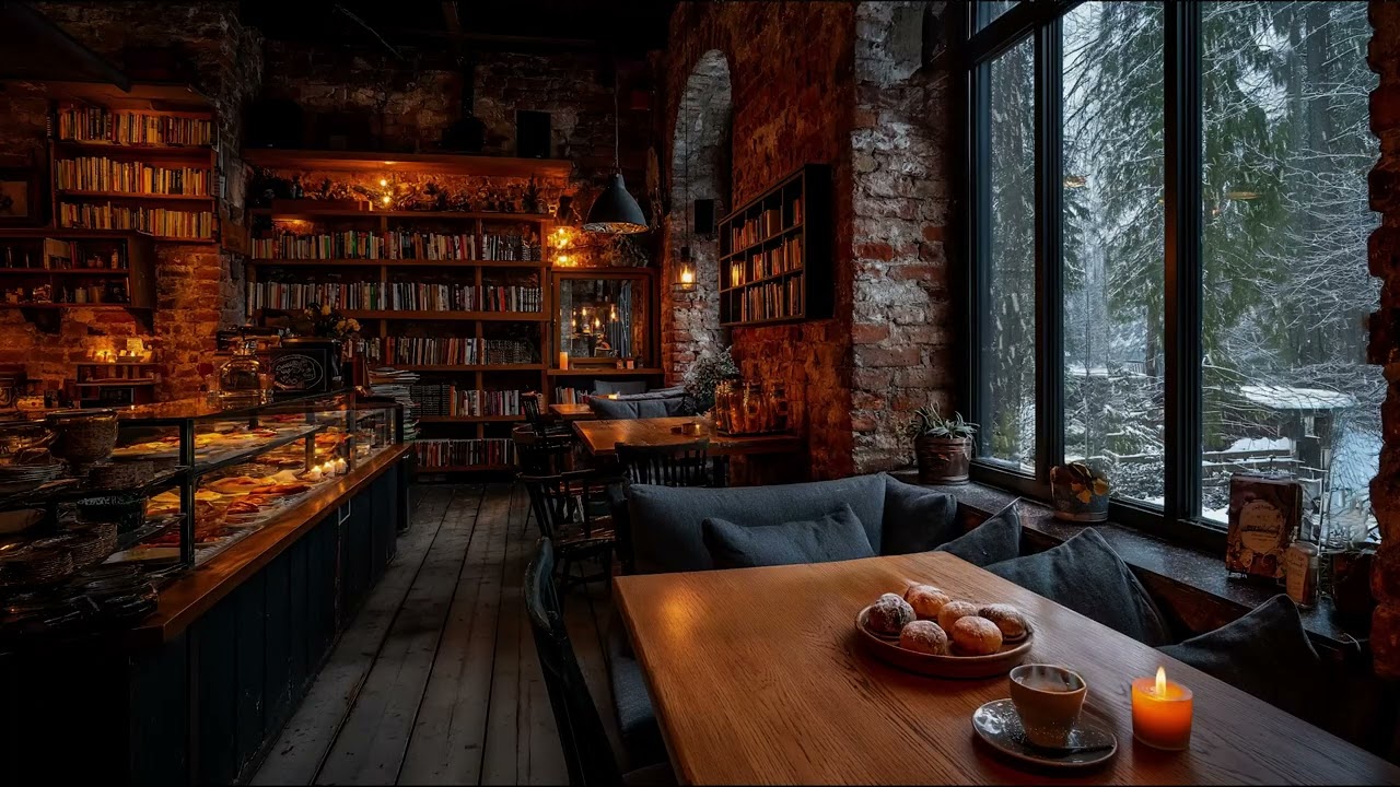 Snowy Night at a Café Window with Gentle Piano Sounds and Peaceful Winter Ambience