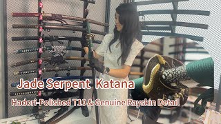 Jade Serpent Katana | Hadori-Polished & Clay-Tempered T10 Steel Blade with Half-Rayskin Saya