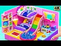 Build Purple House with Bunk Bed and Water Slide Down to Pool from Cardboard | DIY Miniature House