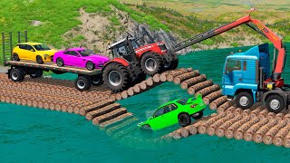 Crane Truck Rescue Triple Flatbed Trailer Truck vs 2 Log Bridges and Deep Water  BeamNG.Drive