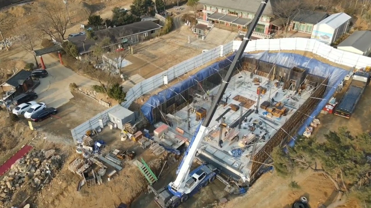 광명 금강정사 전통문화체험관 신축공사 지하층 옹벽철근배근 하늘드론영상