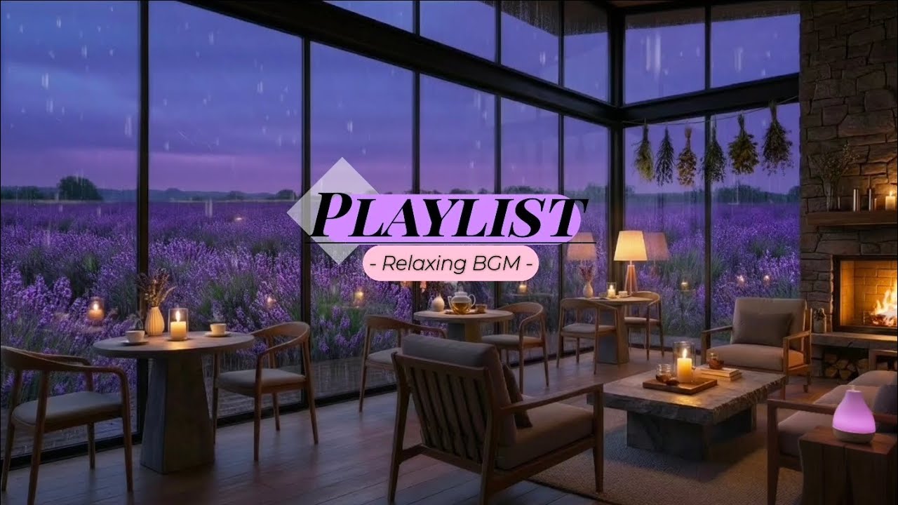 [Playlist] 💜 보랏빛 라벤더 뷰 카페 창가의 앉아 빗소리 들으면서 감성 휴식 (Lavender Dreams & Fireplace Glow) 🔥🌆