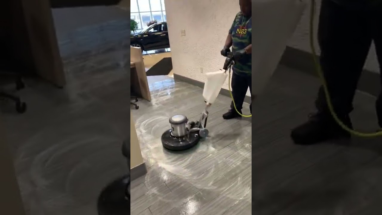 Using buffer to deep clean heavy traffic floors we do it all