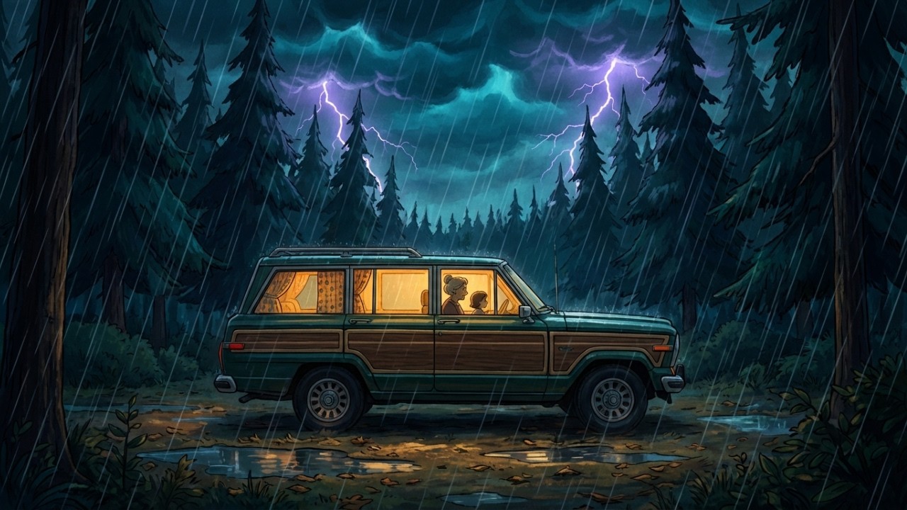 Overnight in Grandma’s Old SUV — Forest Storm Comfort | Ghibli-style