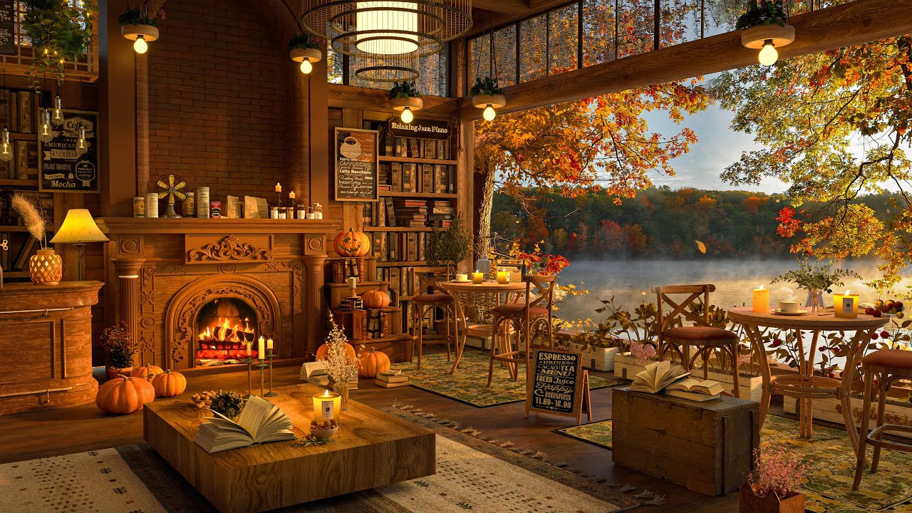 4K Autumn Sunset at Coffee Shop Bookstore 🍁 Smooth Jazz Music for Work, Study, Focus and Chill