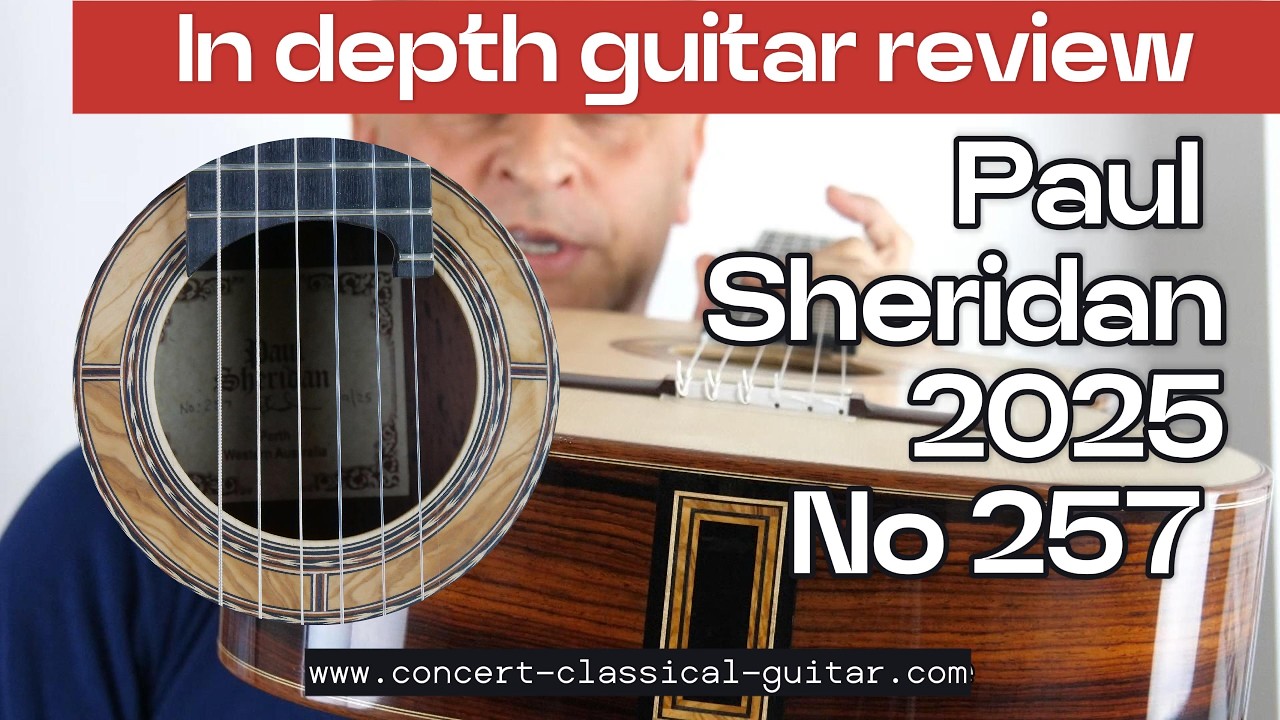 Review Paul Sheridan 2025  No 257 www.concert-classical-guitar.com

00:00 Music sample
00:52 Presentation & specs
04:59 1. Tone color
07:36 2. Loundness power
08:43 3. Dynamic change
11:10 4. Playability
14:07 5. Overtones & harmonics
16:16 6. Sustain
18:04 7. String separation
20:57 8. Conclusion

As usual, this N° 257 from Paul Sheridan is beyond our expectations: a lattice classical guitar offering a huge fruity and round sound, and big basses with many colors. Among the best guitars, we have ever had. The maple wood is awesome.

Paul Sheridan makes very few guitars per year and we have the chance to have one guitar per year. This lattice classical guitar is beyond our expectations: a lattice classical guitar offering a huge fruity and round sound, big basses with a lot of colors. Among the best guitars, we have ever had.
 The finest concert guitars are available at :
www.guitare-classique-concert.fr
www.concert-classical-guitar.com
www.klassische-meistergitarren.de

For any additional information: contact andre@guitare-classique-concert.fr