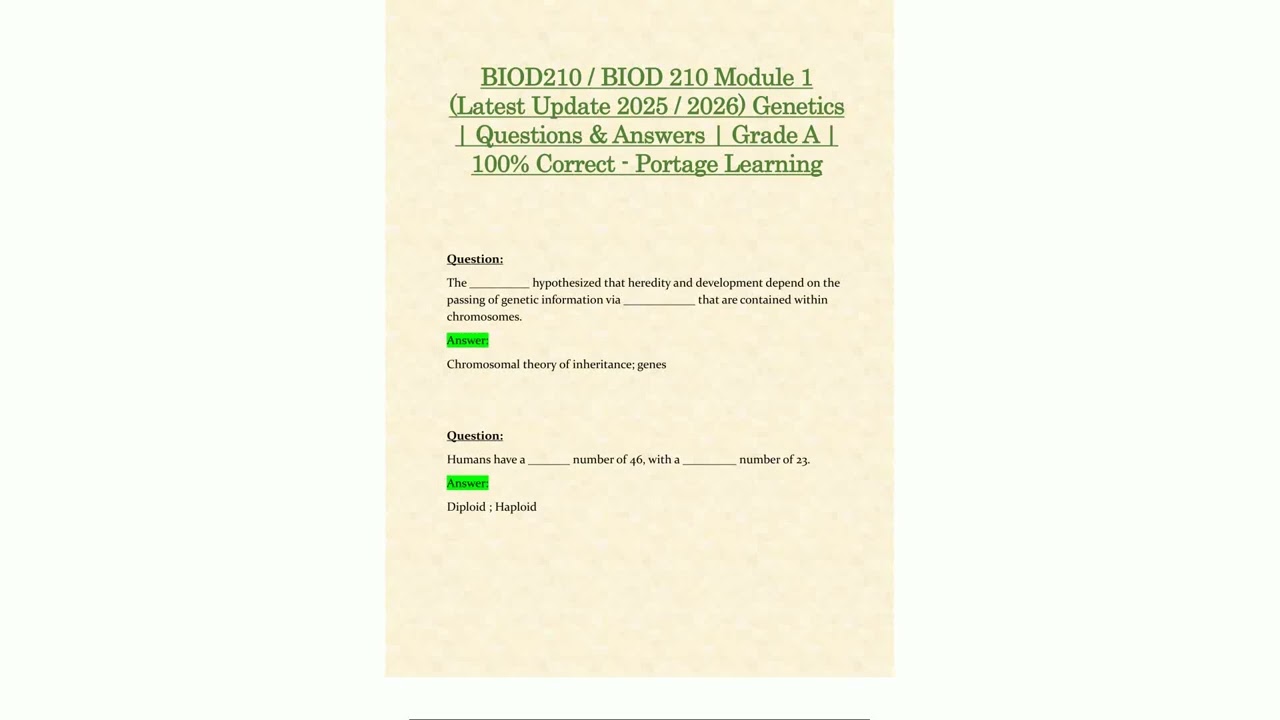 BIOD210  BIOD 210 Module 1 Latest Update 2025  2026 Genetics  Questions  Answers  Grade A  100 Corre