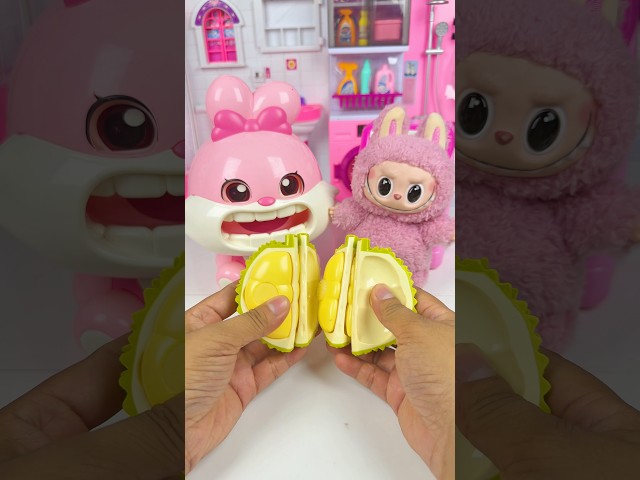 Pink Rabbit And Labubu Eating Durian Set Toys, Satisfying With Unboxing Miniature ASMR Videos