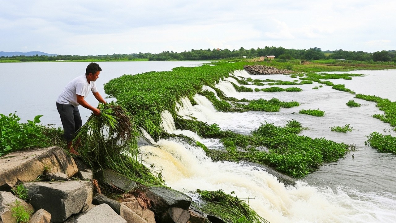 Remove Floating Plants Clogged Dam Drainage Crossing Villager