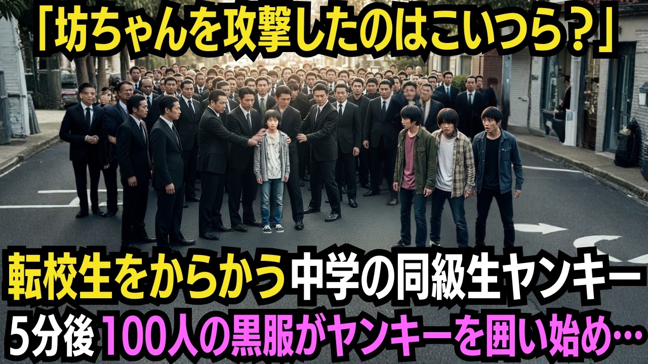 【一斉攻撃】転校生の中学生をからかう同級生のヤンキー→5分後100人の黒服がヤンキーを囲い始め…