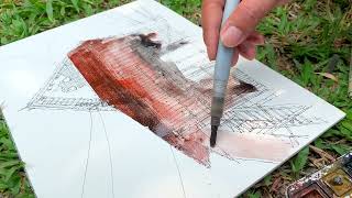 Sketching and watercolor (perspective and lighting), heritge house in Luang Prabang Laos EP24