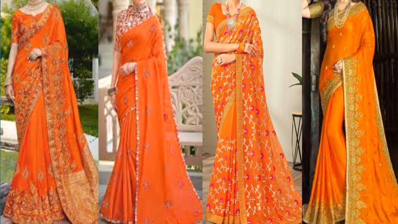 🍀💗💘💖🍀Fancy Orange Saree chiffon Saree || Beautiful Orange Chiffon Saree For Wedding