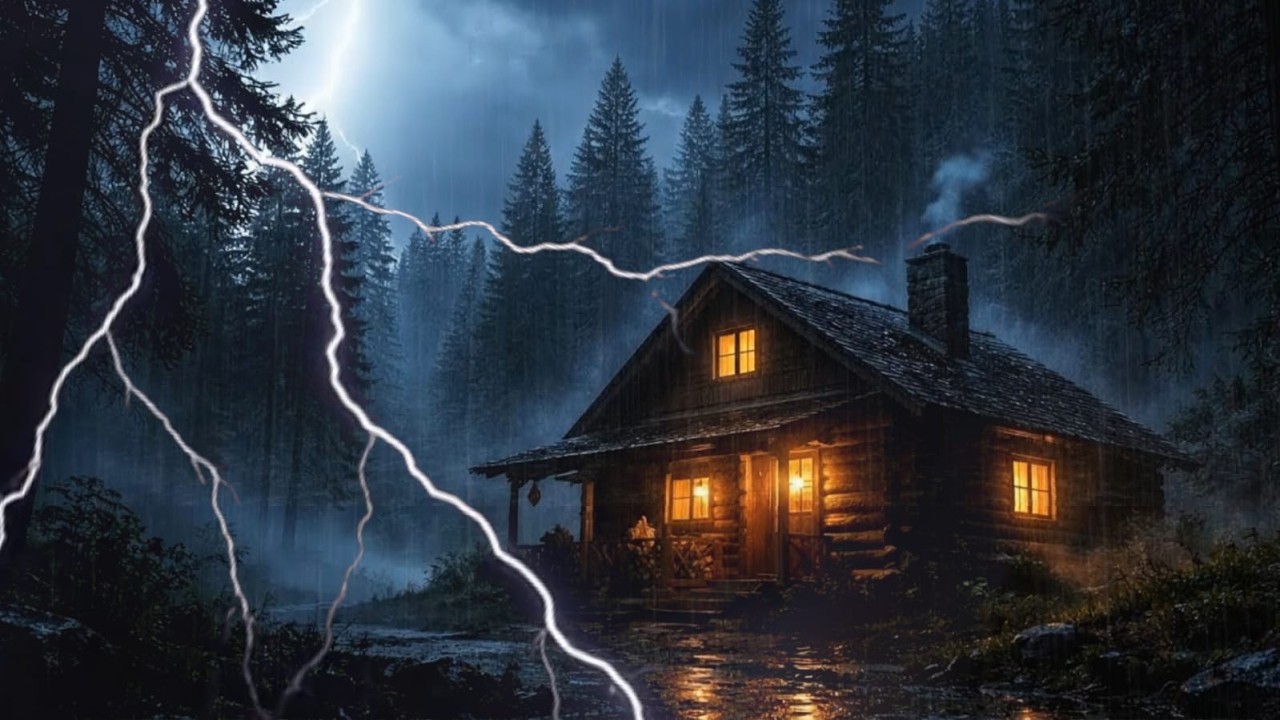 Heavy Rain in Cozy Forest Cabin at Night 🌧️ Thunderstorm Sounds for ...