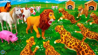 Animal Kingdom Battles: Lion & Farm Animals Defends Leopard Family Attack | Cow Horse Pig Cartoons