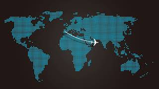 Digital dot matrix world map info graphic with jet leaving spain to india graphic illustration