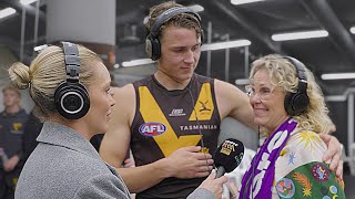 Calsher Dear + Mum Cherie Join Abbey For An Emotional Chat After His First Game | Triple M Footy