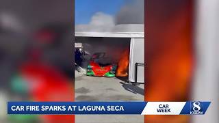 Mazda 767B race car catches fire at WeatherTech Raceway Laguna Seca during Pre-Reunion